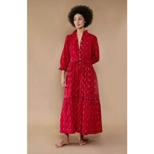 DAYDRESS Sz M/L Colette Dress Red Ikat Handwoven Cotton Midi Belt